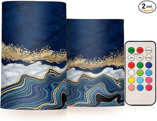 Flickering Flameless Candles, Navy Blue Marble Golden Veins LED Candles with Remote Timer, Set of 2 Battery Operated Candle for Valentine Wedding Birthday