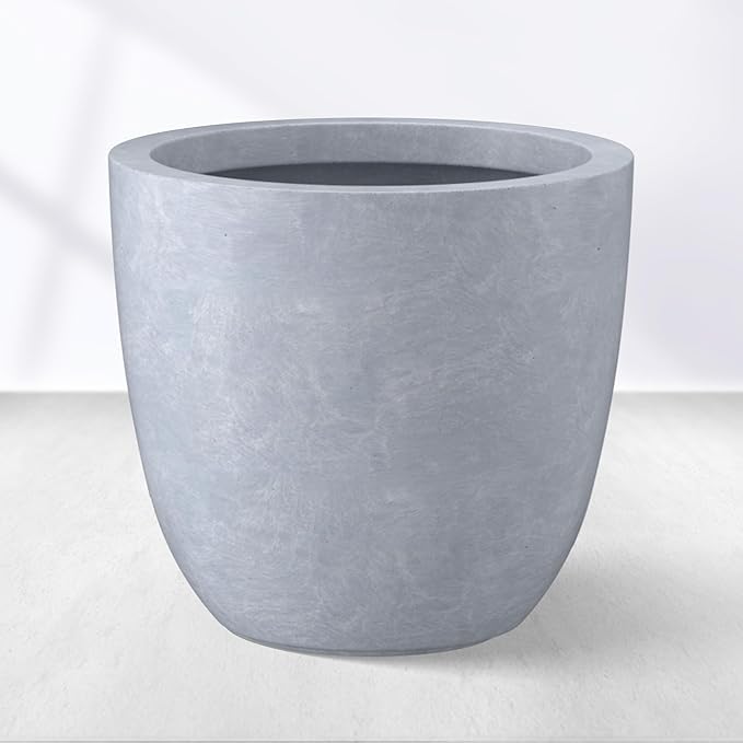Kante 10 Inch Dia Round Concrete Planter, Indoor Outdoor Large Plant Pot with Drainage Hole and Rubber Plug for Home Patio Garden, Gray