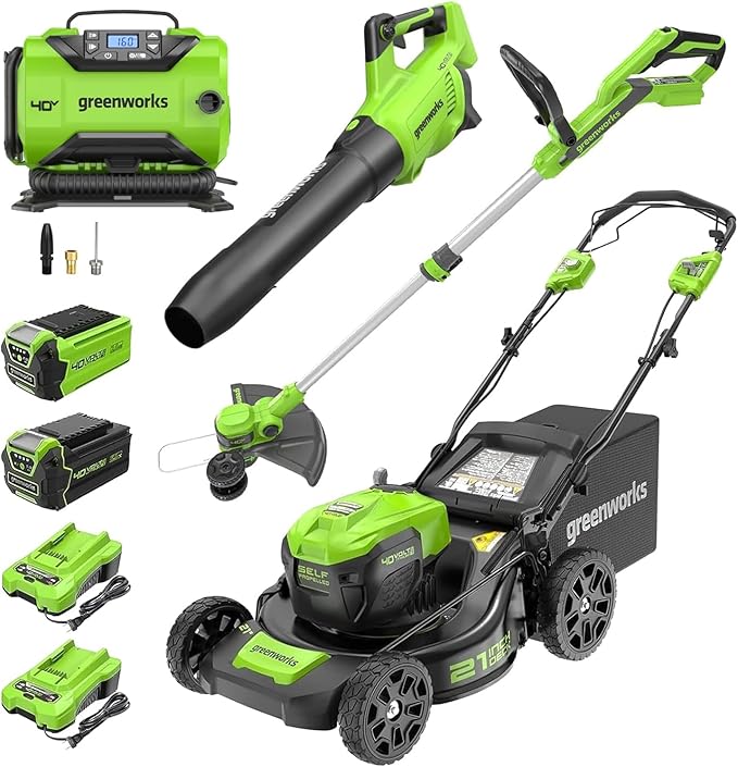 Greenworks 40V 21" Self-Propelled Lawn Mower,Axial Leaf Blower(500 CFM / 120 MPH),13" String Trimmer, 160 PSI Portable Tire Inflator, Includes 2 Batteries(5Ah+2Ah) & Chargers