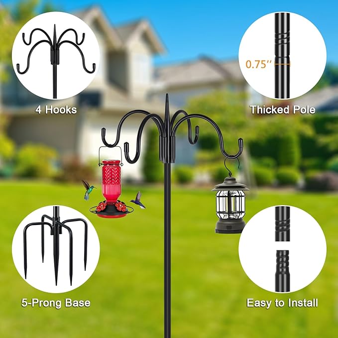 FEED GARDEN [Upgrade Version 92 Inch Four Shepherd Hooks for Outdoor,Bird Feeder Pole with 5 Prong Base, Adjustable Shepard Hooks for Hanging Plant, Solar Lanterns, Wind Chimes, 2 Pack