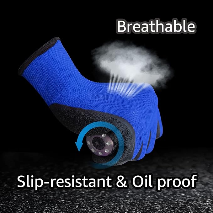 Evridwear Crinkle Latex Rubber Hand Coated Safety Work Gloves for Men Women General Multi Use Construction Warehouse Gardening Assembly Landscaping (X-Large,Blue- 12Pair)