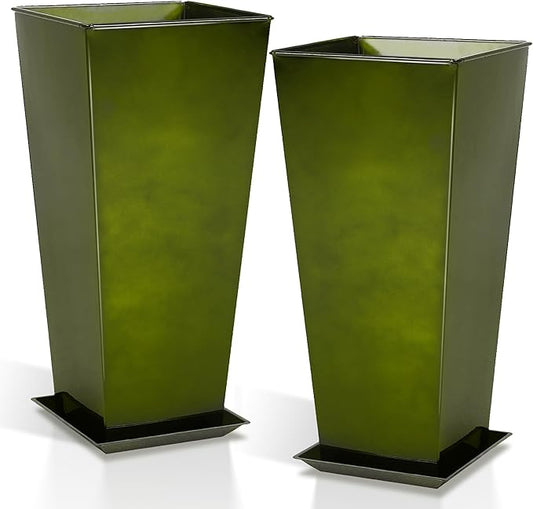 WORTH Garden 28" Large Metal Glazed Planter Set of 2, Luxurious Glossy Finish Green Tall Square Tapered Steel Plant Pots, Decor Flower Pot Indoor & Outdoor, Drainage Hole & Dual-Purpose Plant Saucer