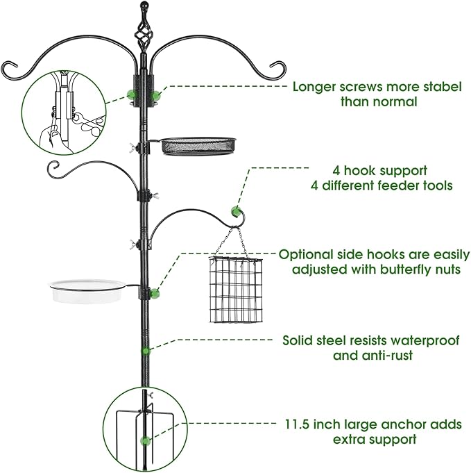 Bird Feeder Pole Wild Bird Feeder Hanging Kit Planter, 83 Inch Bird Feeding Station Kit with 5 Prongs Base Hummingbird Feeder Stand Hook for Outside