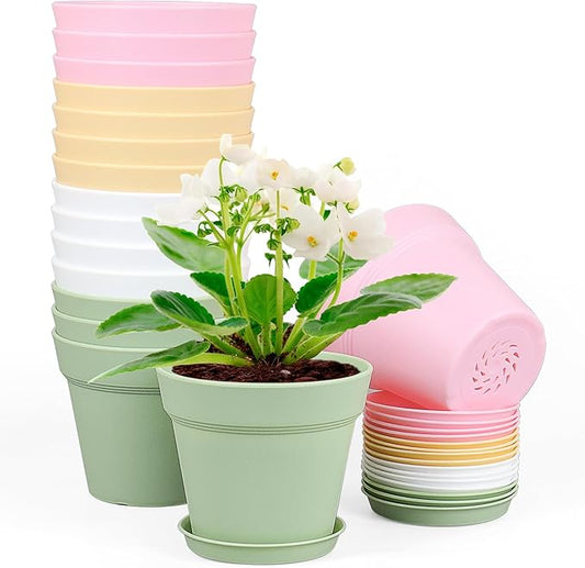 4 inch Small Plastic Nursery Pots, Seedling Pots, 16 Pack Plant Pots for Indoor Outdoor Plants, Flower Pots with Drainage Holes and Saucers, Decorative Planters for House Plants, Colorful
