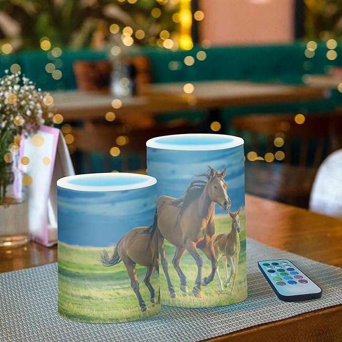 Flickering Flameless Candles, Beautiful Horses Summer Field LED Candles with Remote Timer, Set of 2 Battery Operated Candle for Valentine Wedding Birthday