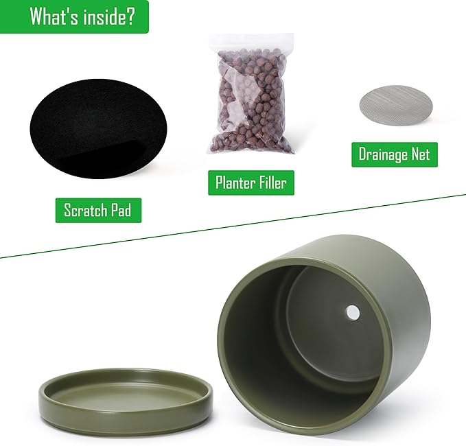 D'vine Dev 8 Inch Ceramic Planter Pot with Drainage Hole and Saucer, Indoor Cylinder Round Planter Pot, Olive, 94-O-D-J