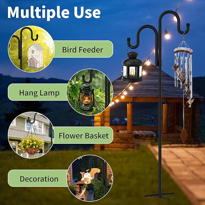 Double Shepherds Hooks for Outdoor, Bird Feeder Pole with 5 Prongs Base, Heavy Duty Garden Hook for Lantern, Wind Chime and Hummingbird Feeder, 45 Inch, 1 Pack