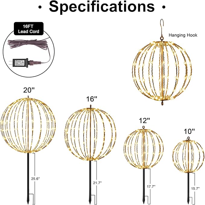 Christmas Ball Light Sphere, 10IN 48LED Hanging Tree Light and Pathway Lights with Hook and Stake, Foldable Metal Frame Light Ball for Outdoor Garden, UL Listed, Brown Frame, Warm White