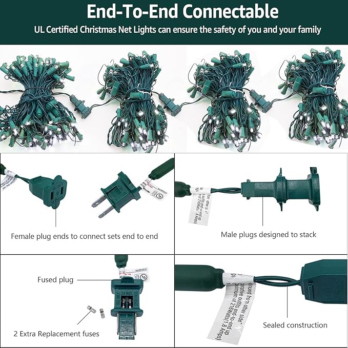 6Ftx4Ft LED Christmas Net Lights Green Wire,Connectable UL Certified Waterptoof Net Lights for Bushes Trees Shurb Garden Outdoor Christmas Decorations