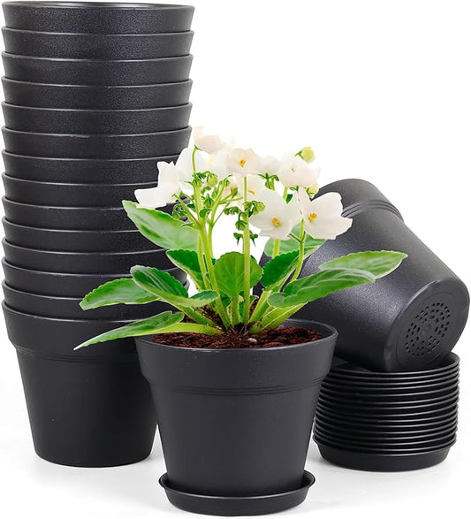 6 inch Nursery Pots, Seedling Pots, 16 Pack Plant Pots for Indoor Outdoor Plants, Flower Pots with Drainage Holes and Saucers, Decorative Plastic Planters for Home Small Plants, Black