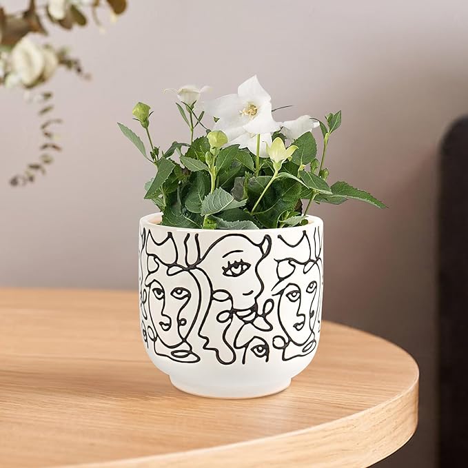 Docrin Plant Pots Indoor with Drainage : 6.6+5.4 Inch Ceramic Flower Pots for Plants - Set of 2 Modern Decorative Face Planters for House/Office/Gift - /Black and White
