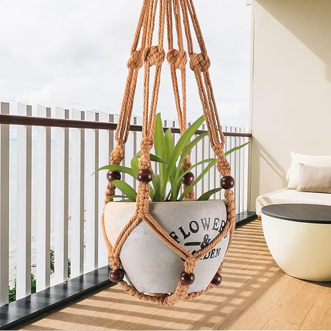 3-Pack Macrame Plant Hanger Indoor - Hanging Planter Basket for Indoor Outdoor - Decorative Boho Plant Holders Set with Beads - Ceiling Flower Pot Holder with 6 Hooks - 35"/30"/24" Brown