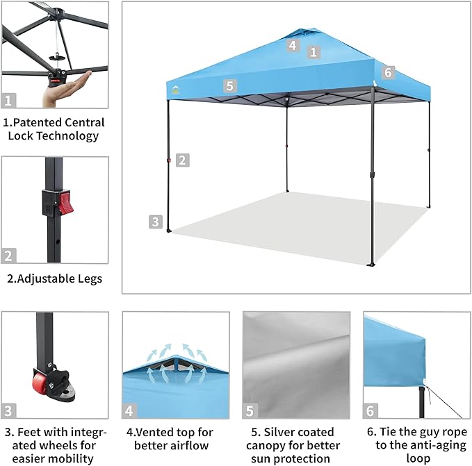 CROWN SHADES Adjustable Height on The Fly, 10x10 Pop Up Canopy - Beach Tent with One Push Setup - Easy Outdoor Sun Shade for Events, Parties, Camping - Outside Shade with STO-N-Go Bag, Sky Blue
