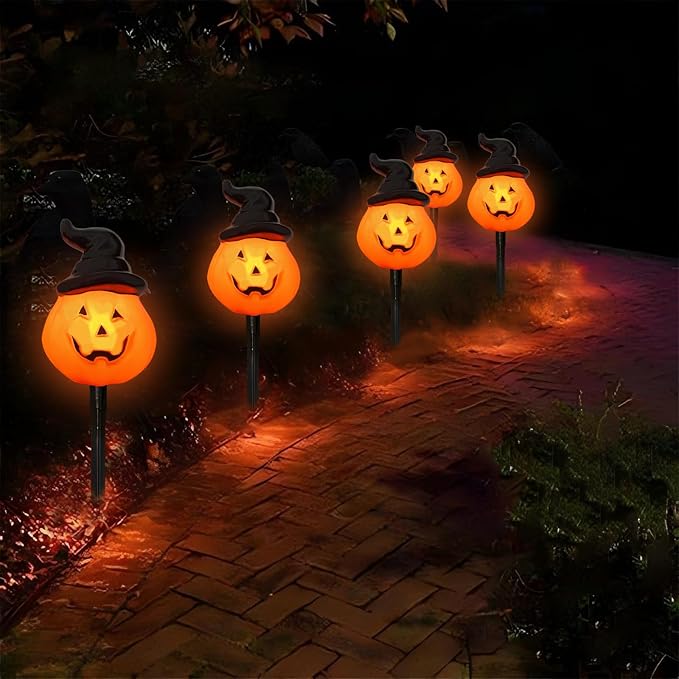 Halloween Decorations Wizard Hat Pumpkin Outdoor String Lights, 4 Pack Halloween Pumpkin Hat Pathway Marker Stake Lights with 4 C7 LED Bulbs for Outdoor Halloween Party Garden Garden Lawn Walkway