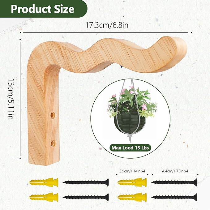 FGSAEOR Plant Hangers Outdoor, Hanging Plant Hooks for Indoors, Wave-Shaped Wooden Hanging Baskets for Wall Plant Hooks Heavy Duty for Flower Pots Wind Chimes and Bird Feeders (2-Pack, 6.8-Inch)