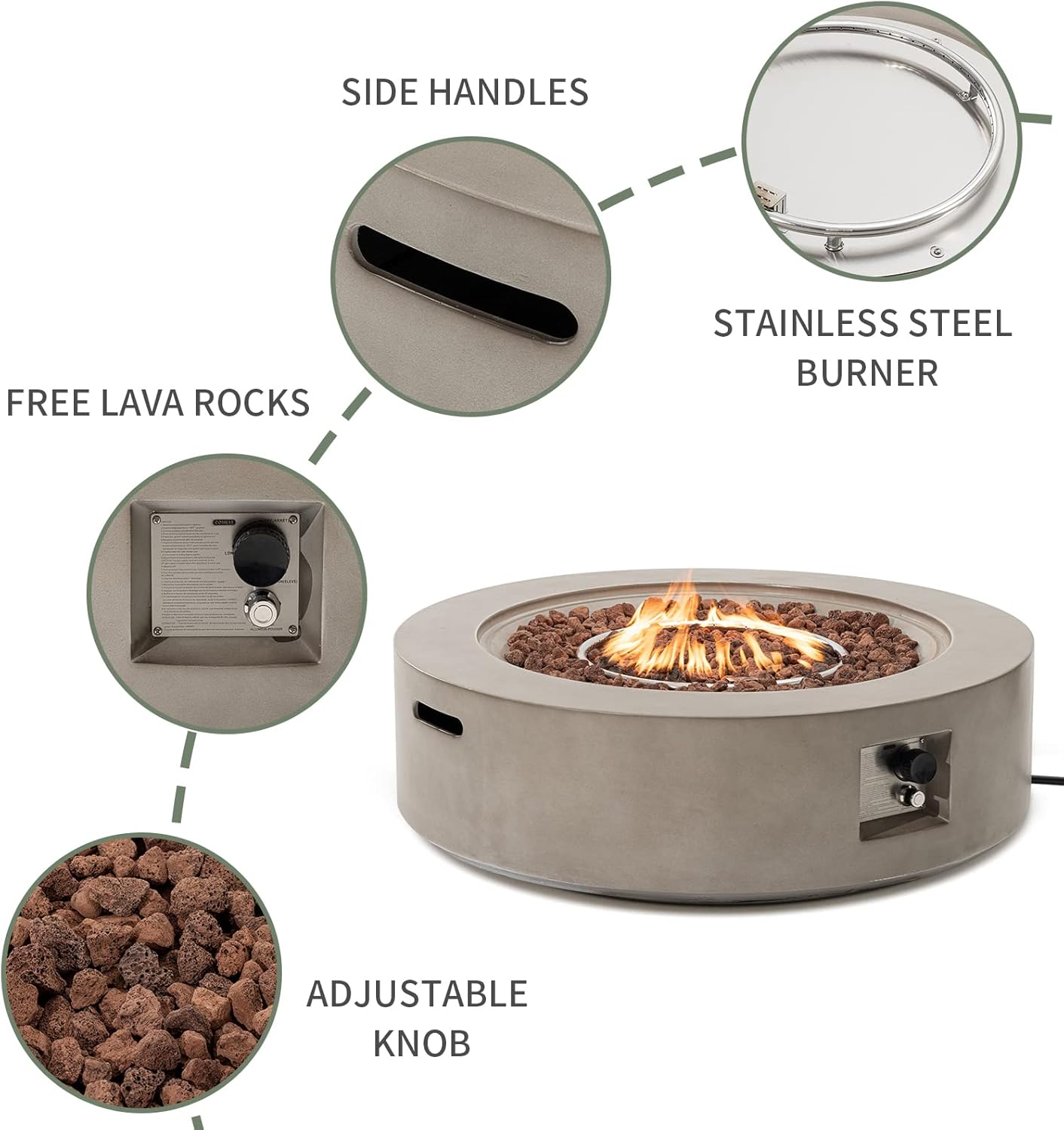 COSIEST 42 inch Outdoor Propane Fire Pit Coffee Table w Concrete Round Base Patio Heater, 50,000 BTU Stainless Steel Burner, Free Lava Rocks, Rain Cover(Gray)