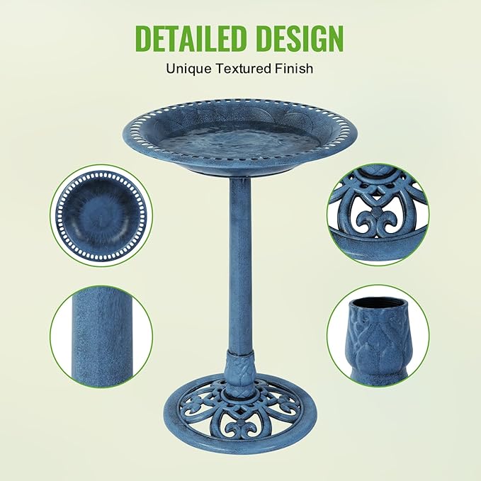Backyard Expressions Outdoor Garden Bird Bath - Blue - Weather Resistant Polyresin - 27 Inch