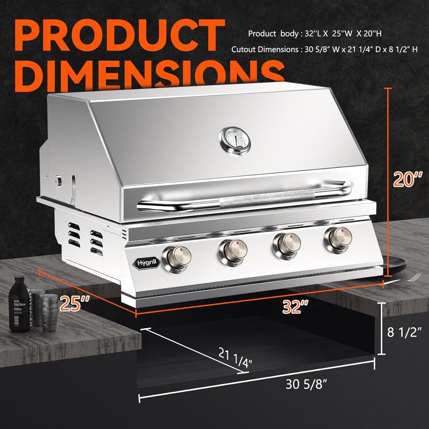 Hygrill 32-Inch Built In Grill, Stainless Steel 4-Burner Grill Head for Outdoor Kitchen, Liquid Propane