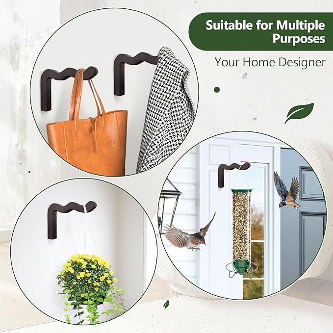 FGSAEOR Wavy Plant Hanger Hooks for Indoor/Outdoor Hanging Plants, 2 Pack Rustic Farmhouse Wall Mount Wooden Hanging Basket, Lanterns, Bird Feeders - Decorative Bracket for Patio, Balcony,Walnut Color