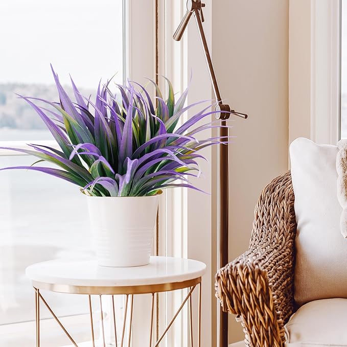 16Pcs Artificial Grass Fake Plants 17.3in Outdoor Plants UV Resistant Faux Greenery Stems Fake Grass for Home Window Garden Office Patio Pathway Front Porch Halloween Décor Green & Purple