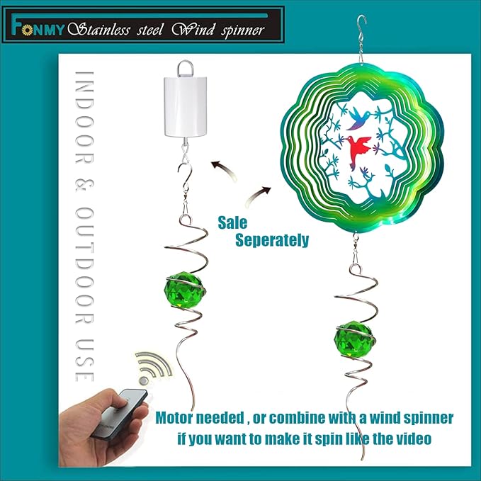 Fonmy Gazing Ball Spiral Tail -Decorative Wind Spinner Sun Catcher Rainbow Maker 11 inch Tail and 2 inch Green Crystal Orb. Indoor Outdoor Garden Decoration -13 inch Height