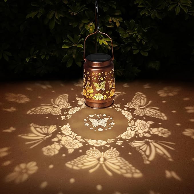 Butterfly Solar Lanterns Outdoor Waterproof Rose Garden Decor Gifts for Women Mom Grandma Hanging Solar Lights Metal Solar Decoration Outside for Yard, Patio, Backyard, Porch
