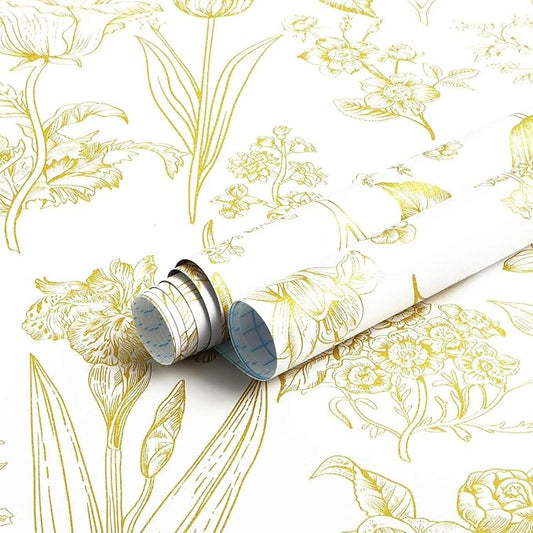 Dimoon 393"x17.3" Floral Wallpaper Peel and Stick Flowers Golden White Contact Paper Thicken Waterproof Modern Self Adhesive Plants Wallpaper Removable Wall Paper Shelf Vinyl Roll
