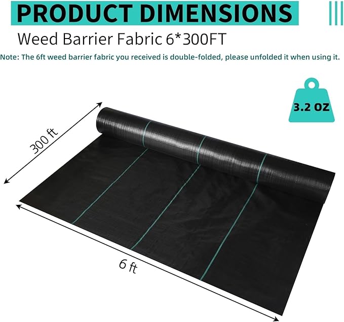 6ftx300ft Heavy Duty Weed Barrier Landscape Fabric – Durable Woven Driveway Garden Cloth for Weed Control, Ground Cover, Landscaping – Long-Lasting Geotextile Fabric – 3.2oz