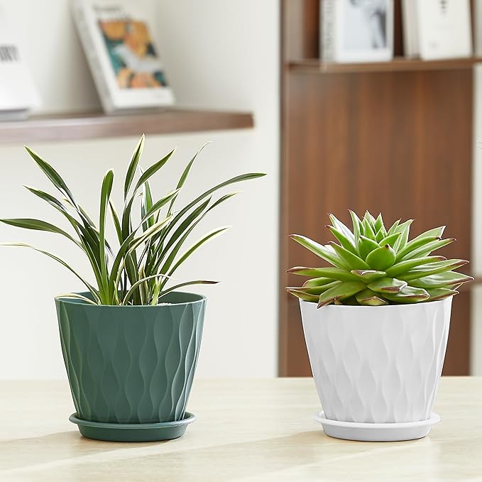FaithLand 6-Pack 6-Inch Plastic Plant Pots with Saucers | Thickened PP Material, Modern Wave Texture, Enhanced Drainage for Indoor/Outdoor Garden Plants | White Value Set