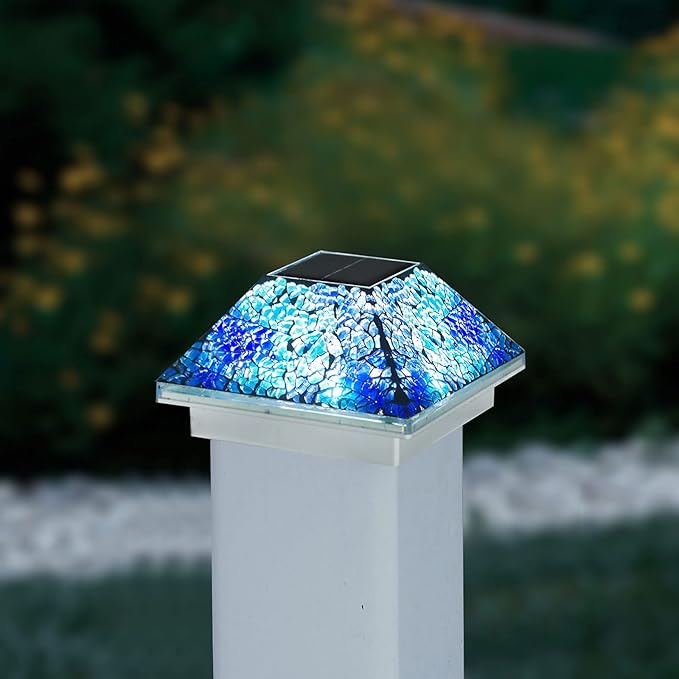 2PK Mosaic Solar Post Cap Lights Outdoor for 4x4, 3.5x3.5 Post Crackled Glass Deck Fence Lamp Weatherproof LED Light Decor in Garden, Yard, Outdoor Table, Balcony, Landscape- Cyan Blue