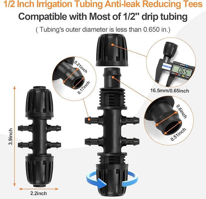 12 Pcs 1/2 inch to 1/4 inch Drip Irrigation Tubing Fittings, 1/2" Drip Tubing (1/2" ID x 0.65" OD) to 4 Way 1/4" Irrigation Tubing Locked Barbed Reducing Tee Connectors for Garden Systems
