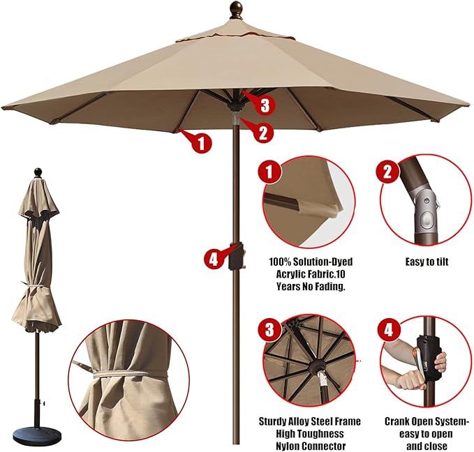 EliteShade USA 10-Year-Non-Fading 10Ft Market Umbrella Patio Umbrella Outdoor Table Umbrella with Ventilation, Heather Beige