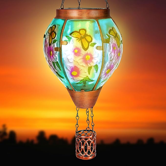 2 Pack Solar Hot Air Balloon Lantern with Flame， Butterfly Glass Outdoor Solar Lanterns for Outside Hanging Farmhouse Patio Pathway Decor, Butterfly Gifts for Women Grandma Mom - Butterfly