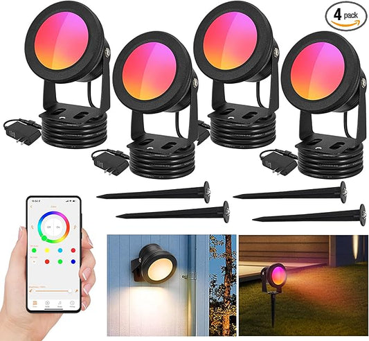 4 Pack Spotlight Outdoor Floodlight Fixture with Stake & Wall Mount Base, APP Control, 15W RGBW Landscape Lighting Dimmable Color Changing IP67 Waterproof for House Garden Yard Tree Decor
