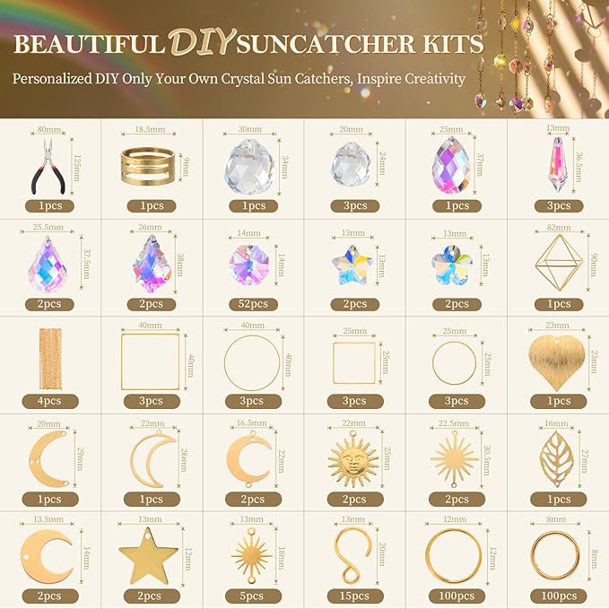 310 Pcs DIY Crystal Sun Catchers Indoor Window, Hanging Prism Suncatcher for Window, Gold DIY Suncatcher Kit, Glass Crystal + Alloy Accessories Sun Catcher Crafts for Adult, DIY for Mom…