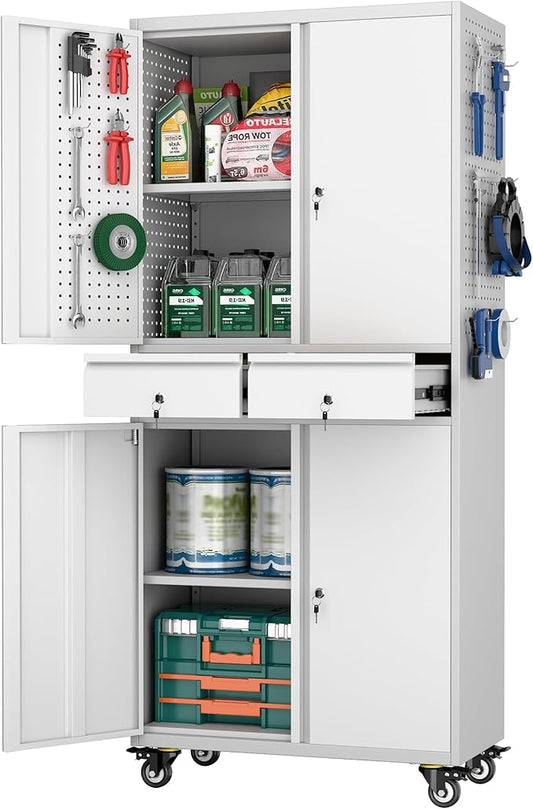Metal Garage Storage Cabinet with Locking Doors and 2 Adjustable Shelves, Rolling Tool Storage Cabinet with 4 Wheels and 2 Drawer for Garage, Warehouse, White and Gray, Assembly Required