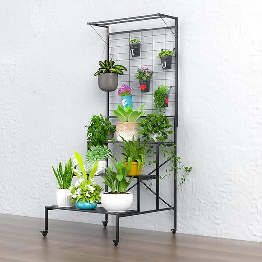 Zhongma 3 Tier Large Heavy Duty Plant Stand with wheels, Tall multi layer Plant Holder with Hanging Plant pot shelf, 35.43 x 33.27 x 80.7inch, Each Tier: 35.43 L x 10.5W, Easy to Hold Large Plant Pot