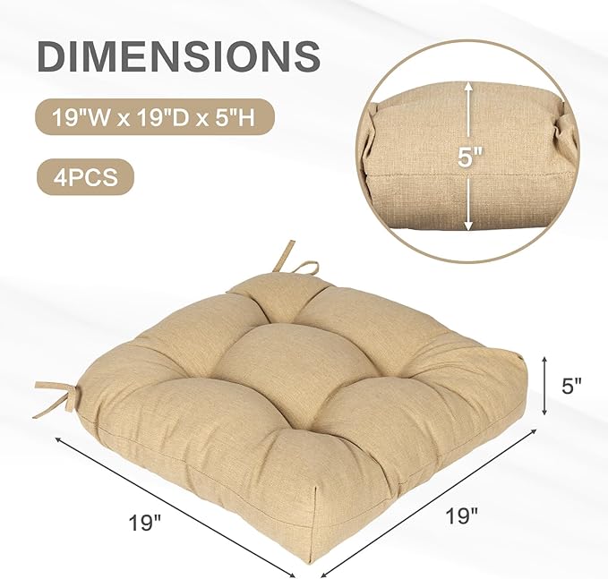 Aoodor 19" x 19" x 5" Tufted Outdoor Chair Cushions, Water Resistant & Fade Resistant Polyester Dining Chair Pads with 2 Straps for Patio Furniture, Set of 4