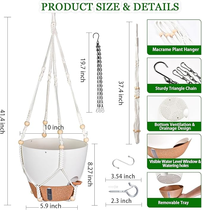 10 Inch Hanging Planters for Indoor Plants & Outdoor - 2 Pack Self-Watering Hanging Pots with Drainage Holes, Visual Reservoir, 2 Hangers - Self-Watering Hanging Baskets Flower Pots