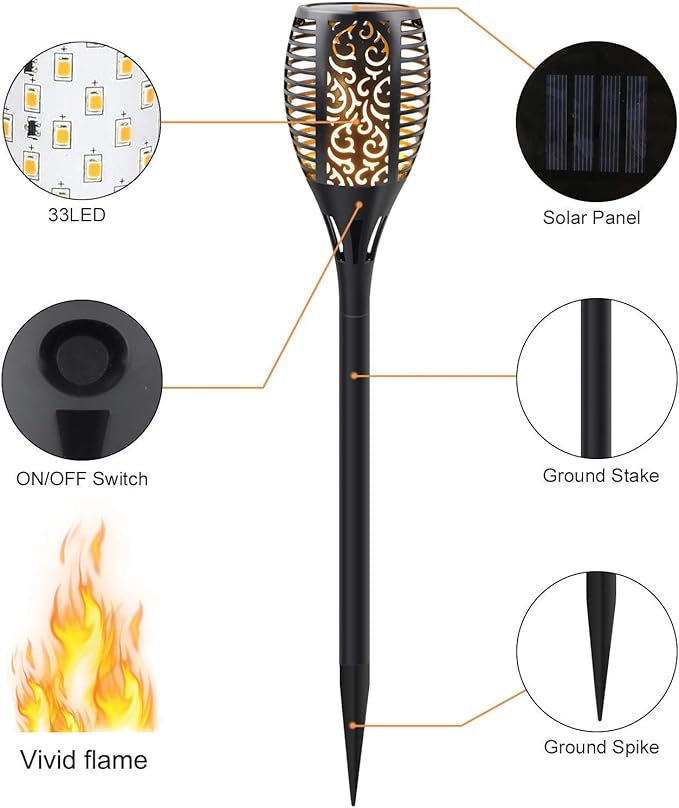 Solar Torch Lights with Flickering Flame, Fire Effect Garden Light, Auto On/Off Dust to Dawn, Outdoor Waterproof Landscape Decoration, Powered Security Light for Patio, 8 Pack