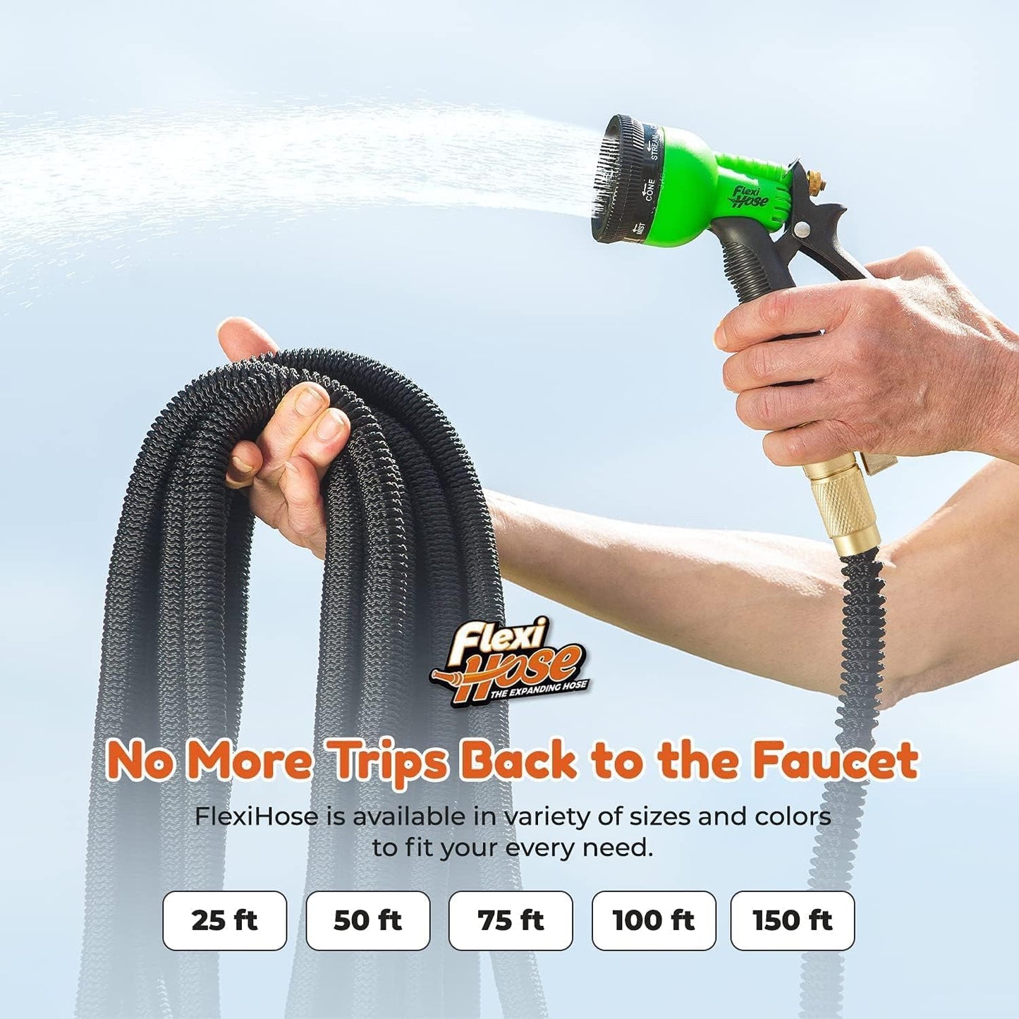 Flexi Hose with 8 Function Nozzle, 75FT - Lightweight Expandable Garden Hose, No-Kink Flexibility, 3/4 Inch Solid Brass Fittings and Double Latex Core