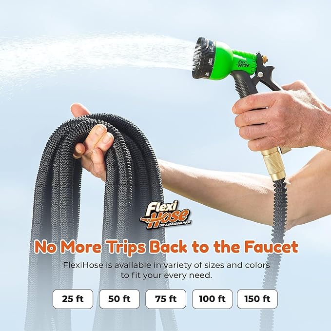 Flexi Hose with 8 Function Nozzle, 50FT - Lightweight Expandable Garden Hose, No-Kink Flexibility, 3/4 Inch Solid Brass Fittings and Double Latex Core