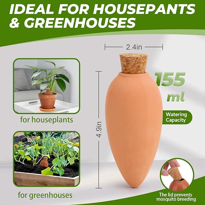 4 Pack Olla Watering Pot, Self Watering Globes 5.2oz Slow Release Terracotta Watering Spikes for Indoor Outdoor Plants, Easy to Refill Automatic Dripping Clay Bulbs Planter Insert (4.9" Tall, Cone)