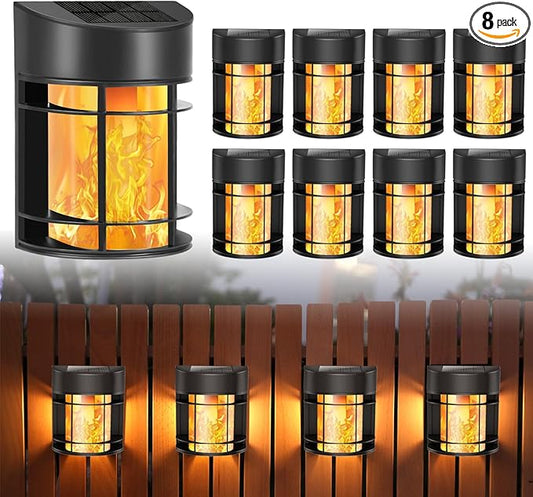 Flickering Flames Solar Fence Lights, Upgraded 8 Pack Waterproof Solar Outdoor Lights for Deck Fence Post Yard