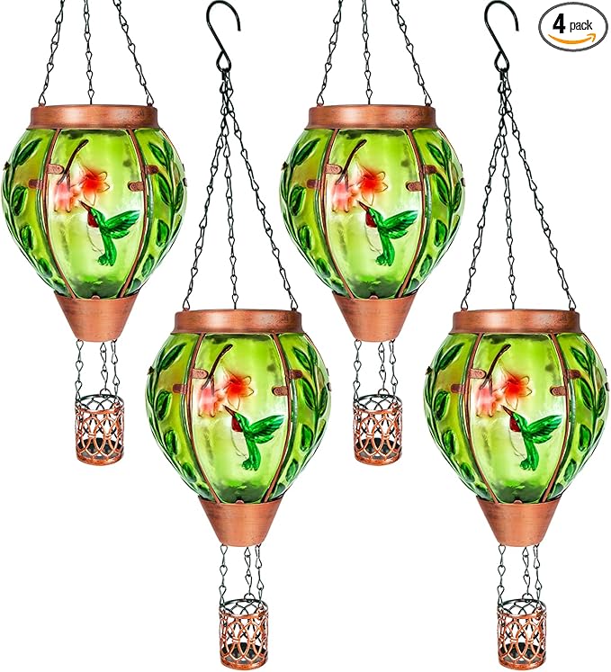 4 Pack Solar Hot Air Balloon Lantern with Flame，Hummingbird Outdoor Solar Lanterns for Outside Garden Yard Farmhouse Patio Pathway Decoration, Hummingbird Gifts for Women Grandma Mom - Hummingbird