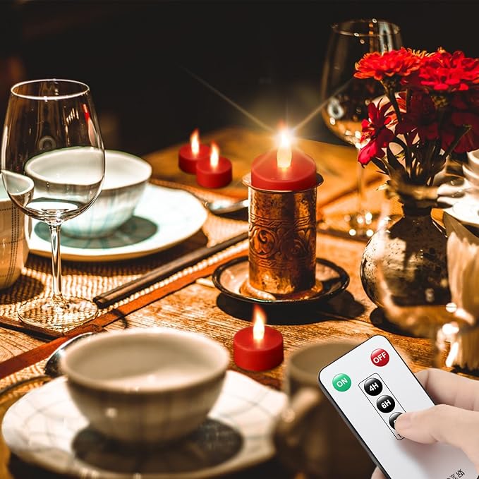 Tea Light Candles with Remote Control,12pack Flickering Flameless LED Candle,Long Lasting 400+Hours,Battery Operated with Timer for Home Decoration Seasonal &Festival Celebration Red