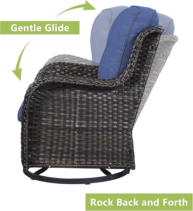 Outdoor Wicker Patio Furniture Set - 5 Piece Rattan Patio Conversation Set with 2 Rocking Swivel Chairs,2 Ottomans and 1 Loveseat for Porch Deck Backyard Garden(Brown/Blue)