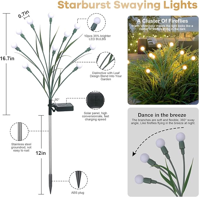 2 Packs Solar Garden Lights, New Upgraded Leaf Design 20 LED Solar Firefly Lights, Waterproof Solar Landscape In-Ground Path Lights Outdoor Decorations for Patio Yard Garden (Warm White)