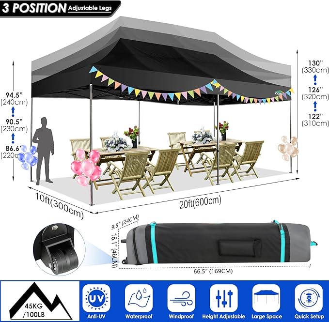 COBIZI 10x20 Heavy Duty Pop up Canopy Tent Easy Up Commercial Outdoor Canopy Wedding Party Tents for Parties All Season Wind & Waterproof Gazebo with Roller Bag,Black(Frame Thickened)