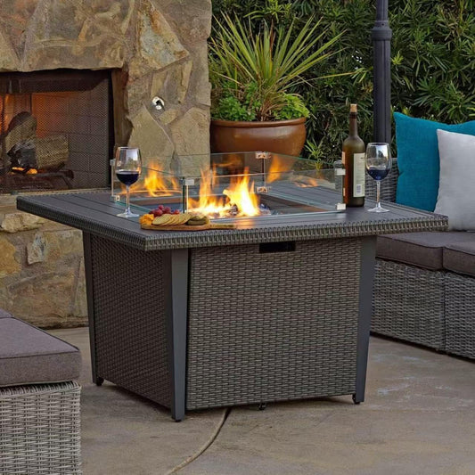 42'' Propane Fire Pit Table, 50,000 BTU Outdoor Gas Fire Table with Lid, Square Aluminum Fire Table with Wind Guard and Weather Cover, 2 in 1 Rattan Firepit Table for Outside Patio, Backyard, Gray
